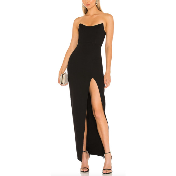Superdown Black Strapless Maxi Dress SMALL Bustier Side Slit Revolve $98 NEW - Picture 1 of 9